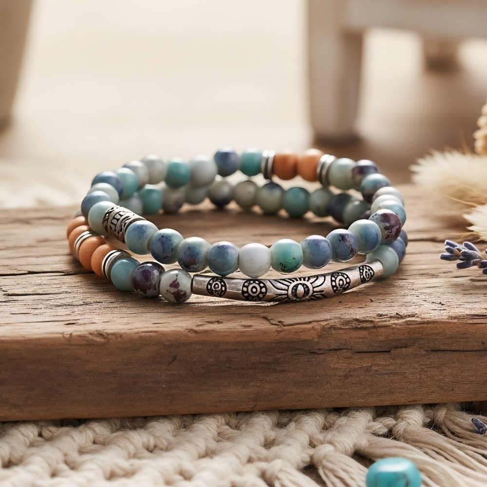 Earth Tone Boho Beaded Double Loop Stretch Bracelet Silver Plated Alloy Tube - Picture 5 of 13
